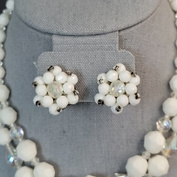 Womens White Beads AB Aurora Borealis Fashion Necklace Earrings Set Germany Made - Picture 4 of 11